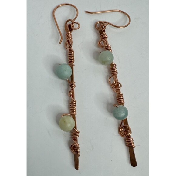 Artisan Crafted Hammered Copper And With  Wrapped Amazonite Dangle Earrings - Picture 4 of 7